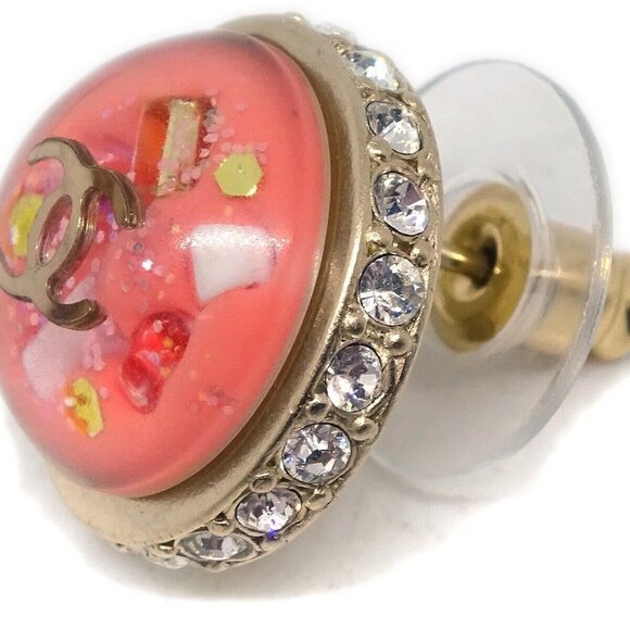 Chanel Button Piercing Earrings Rhinestone Pink - Picture 7 of 8